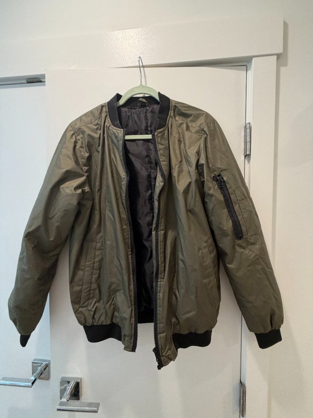 Olive Green Zip-Up Bomber Flight Jacket Utility Pocket Medium